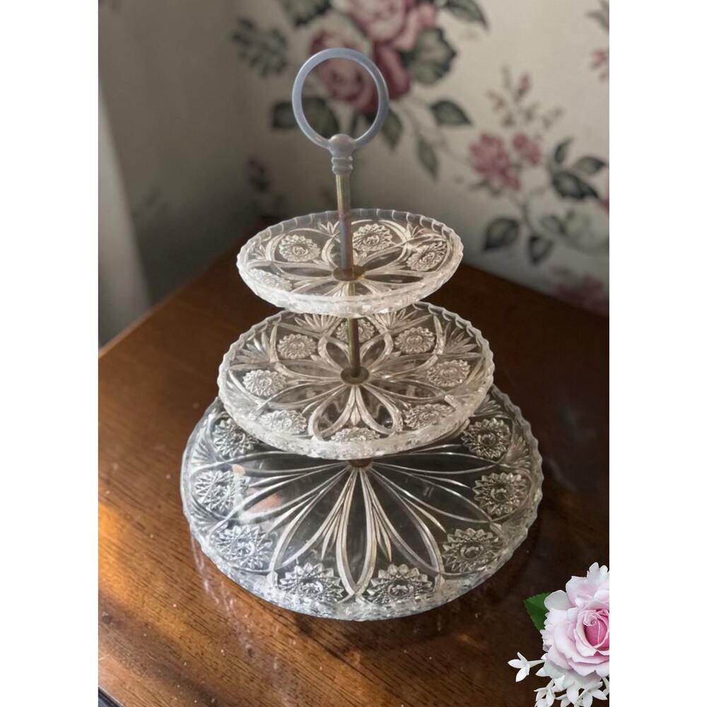 Vintage 3 Tier European Cut Crystal Cake / Serving Stand- Brass Handle-11x16”